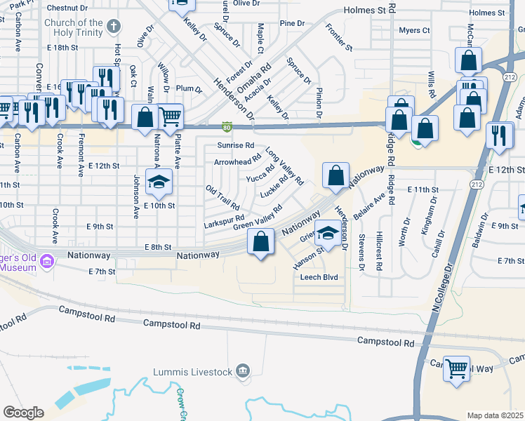 map of restaurants, bars, coffee shops, grocery stores, and more near 813 Old Trail Rd in Cheyenne