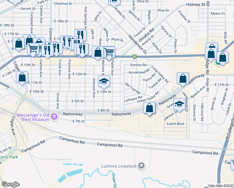 map of restaurants, bars, coffee shops, grocery stores, and more near 2913 East 10th Street in Cheyenne