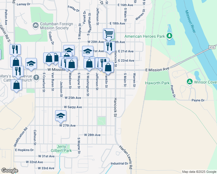 map of restaurants, bars, coffee shops, grocery stores, and more near 2311 Franklin Street in Bellevue