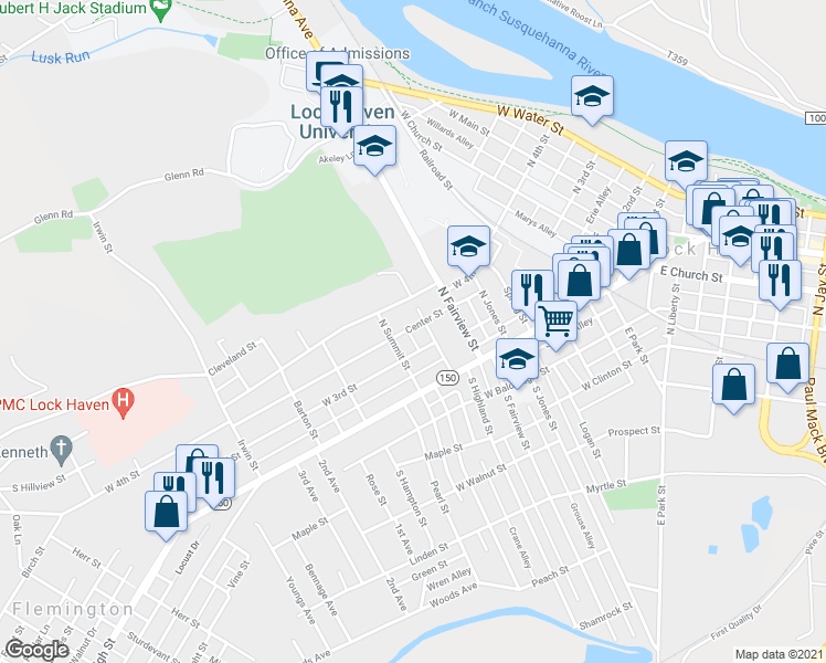 map of restaurants, bars, coffee shops, grocery stores, and more near 120 Center Street in Lock Haven