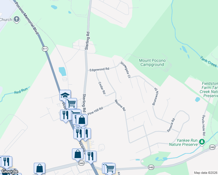 map of restaurants, bars, coffee shops, grocery stores, and more near 225 Winona Road in Mount Pocono