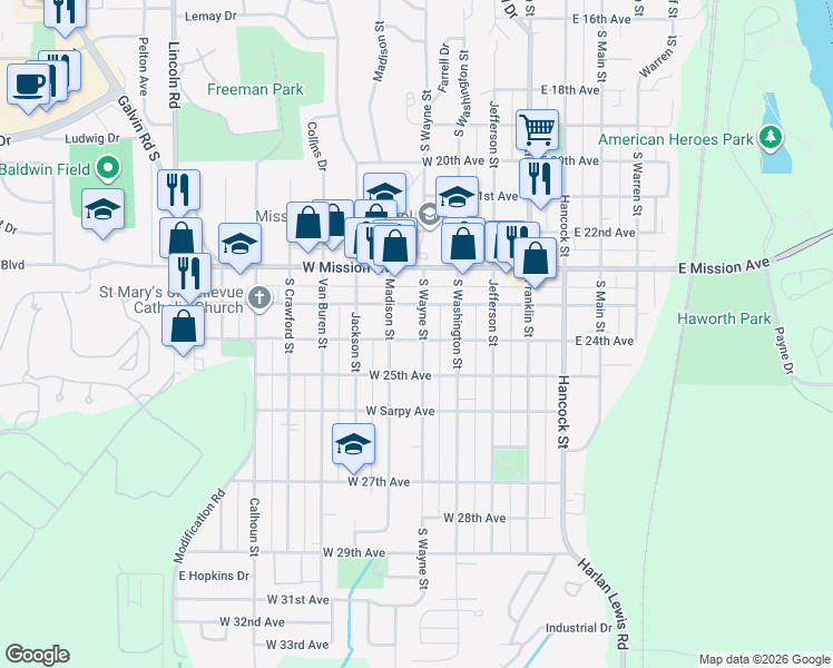 map of restaurants, bars, coffee shops, grocery stores, and more near 2312 South Wayne Street in Bellevue