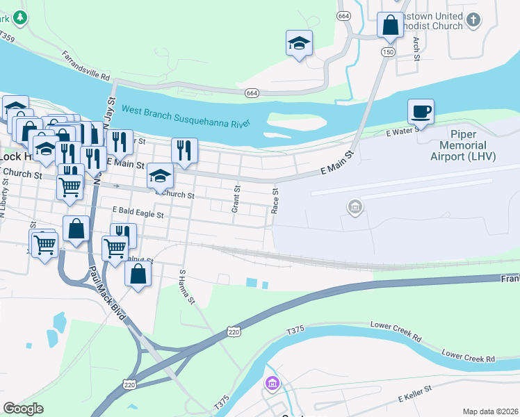 map of restaurants, bars, coffee shops, grocery stores, and more near 740 East Church Street in Lock Haven