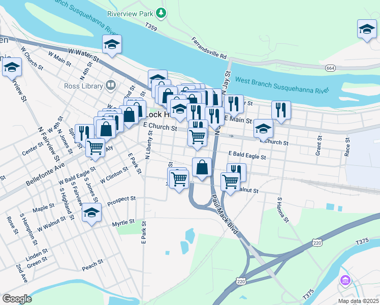 map of restaurants, bars, coffee shops, grocery stores, and more near 134 East Bald Eagle Street in Lock Haven