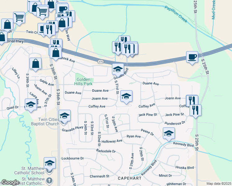 map of restaurants, bars, coffee shops, grocery stores, and more near 11622 South 31st Street in Bellevue