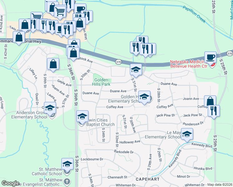 map of restaurants, bars, coffee shops, grocery stores, and more near 3209 Duane Avenue in Bellevue