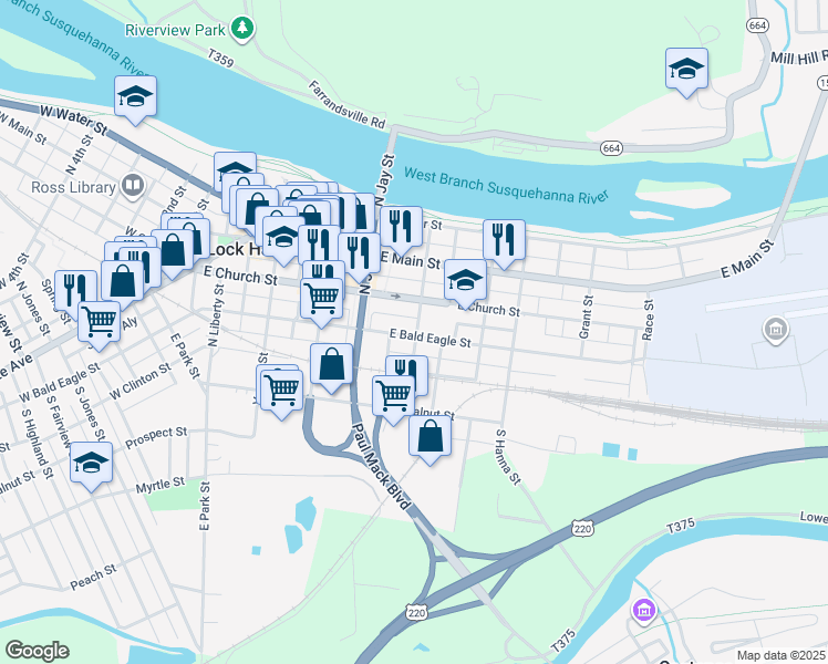 map of restaurants, bars, coffee shops, grocery stores, and more near 355 East Bald Eagle Street in Lock Haven
