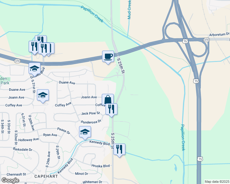 map of restaurants, bars, coffee shops, grocery stores, and more near 11713 South 25th Avenue Circle in Bellevue
