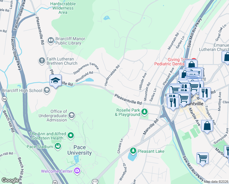 map of restaurants, bars, coffee shops, grocery stores, and more near 239 Pleasantville Road in Pleasantville