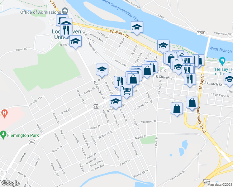 map of restaurants, bars, coffee shops, grocery stores, and more near 445 Bellefonte Avenue in Lock Haven