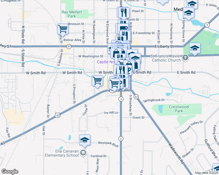 map of restaurants, bars, coffee shops, grocery stores, and more near 135 Lafayette Road in Medina