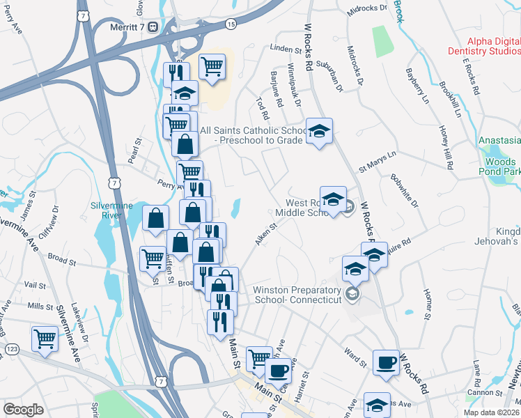 map of restaurants, bars, coffee shops, grocery stores, and more near 69 Aiken Street in Norwalk