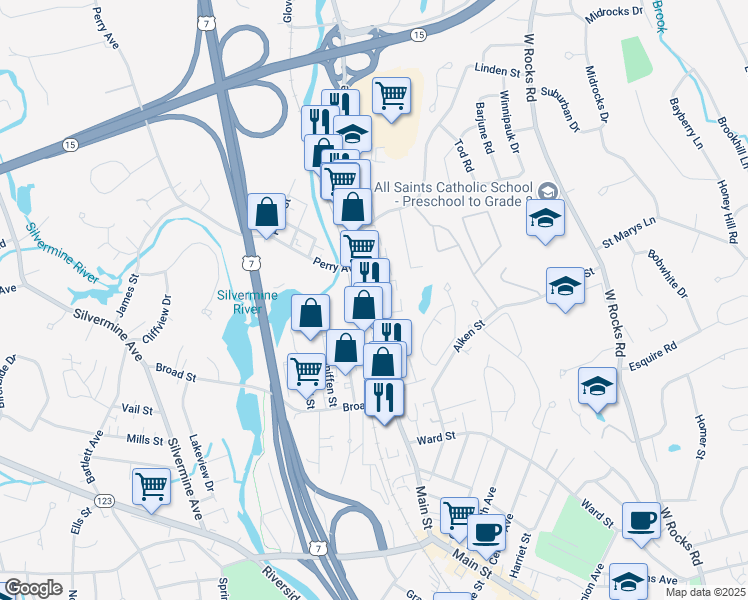map of restaurants, bars, coffee shops, grocery stores, and more near 309 Main Avenue in Norwalk