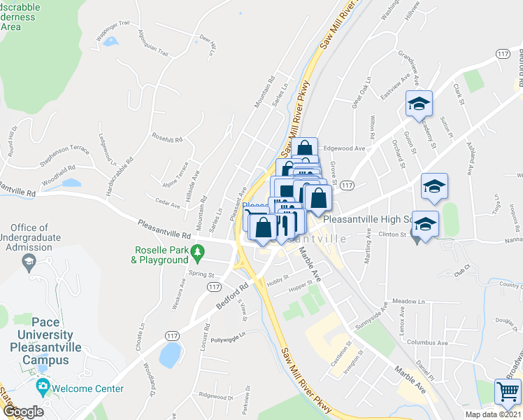 map of restaurants, bars, coffee shops, grocery stores, and more near 441 Manville Road in Pleasantville