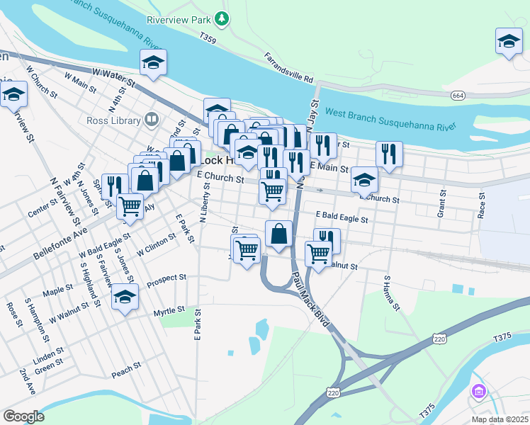 map of restaurants, bars, coffee shops, grocery stores, and more near 134 East Bald Eagle Street in Lock Haven