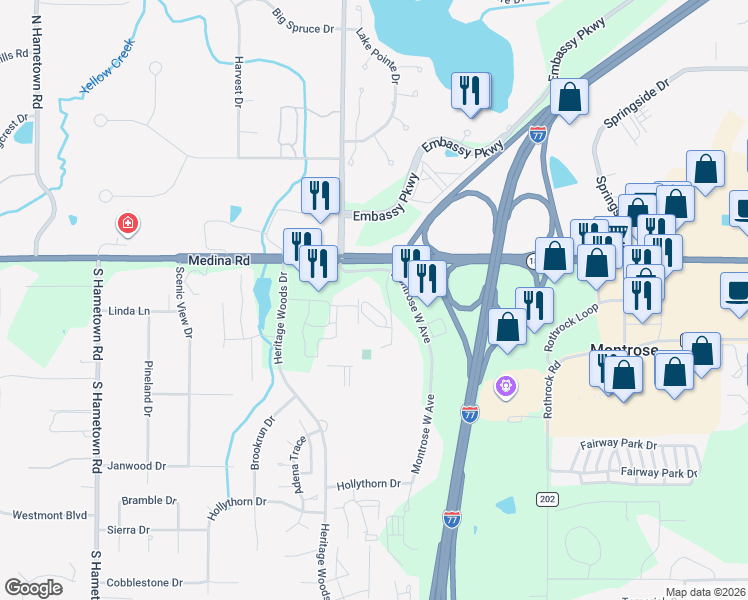 map of restaurants, bars, coffee shops, grocery stores, and more near 40 Hunt Club Drive in Akron
