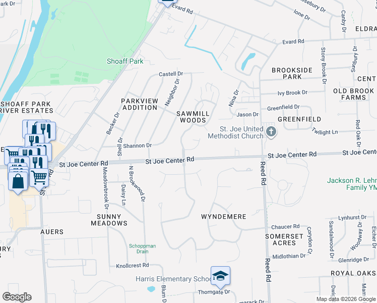 map of restaurants, bars, coffee shops, grocery stores, and more near 5918 Sawmill Woods Court in Fort Wayne