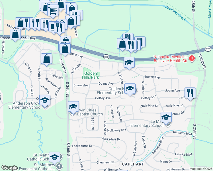 map of restaurants, bars, coffee shops, grocery stores, and more near 3209 Duane Avenue in Bellevue