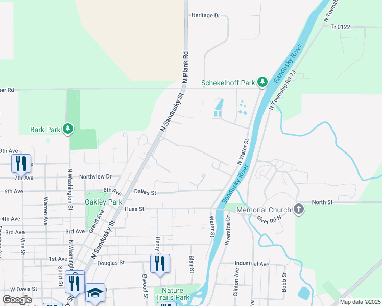 map of restaurants, bars, coffee shops, grocery stores, and more near 652 North Sandusky Street in Tiffin