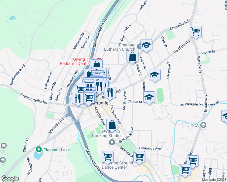 map of restaurants, bars, coffee shops, grocery stores, and more near 415 Bedford Road in Pleasantville