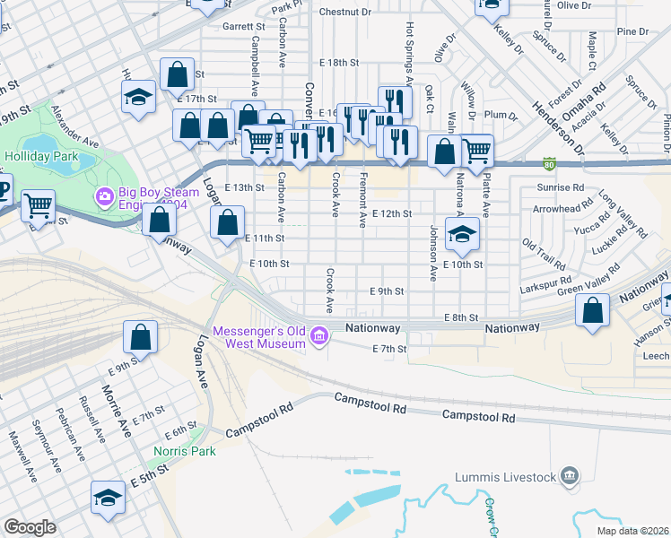 map of restaurants, bars, coffee shops, grocery stores, and more near in Cheyenne