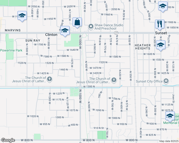 map of restaurants, bars, coffee shops, grocery stores, and more near 922 West 1420 North in Clinton