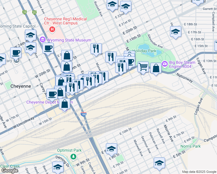 map of restaurants, bars, coffee shops, grocery stores, and more near 602 East 15th Street in Cheyenne