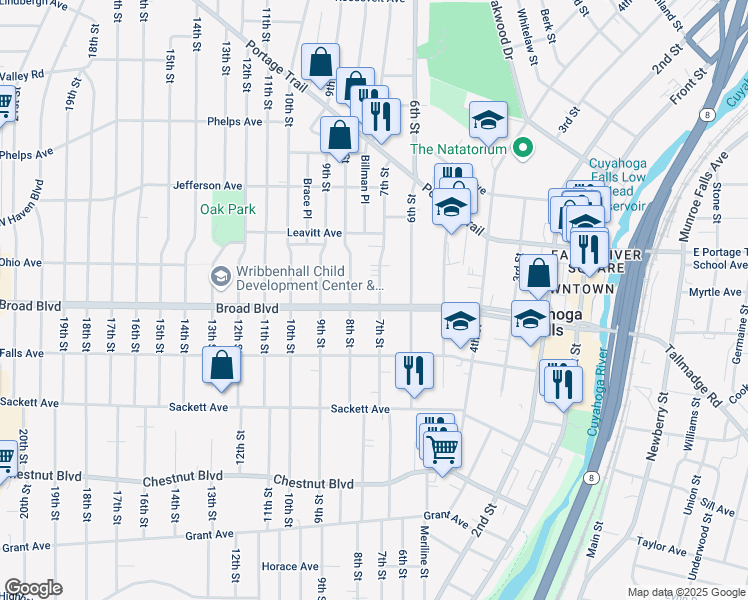 map of restaurants, bars, coffee shops, grocery stores, and more near 709 Broad Boulevard in Cuyahoga Falls