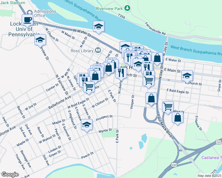 map of restaurants, bars, coffee shops, grocery stores, and more near 46 West Bald Eagle Street in Lock Haven