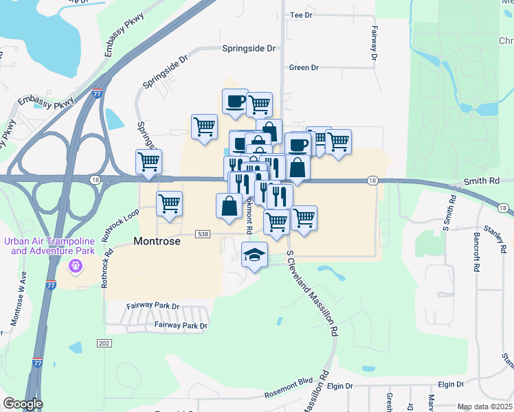 map of restaurants, bars, coffee shops, grocery stores, and more near 3900 Medina Road in Akron