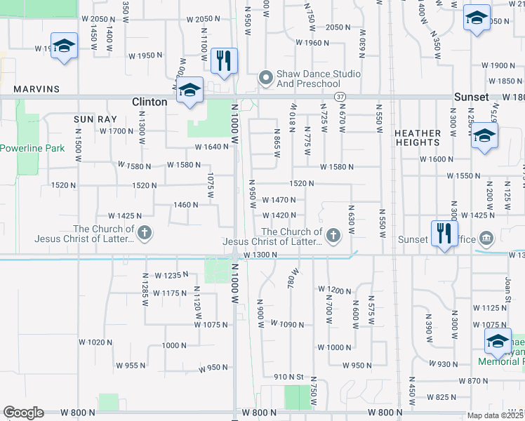 map of restaurants, bars, coffee shops, grocery stores, and more near 922 West 1420 North in Clinton