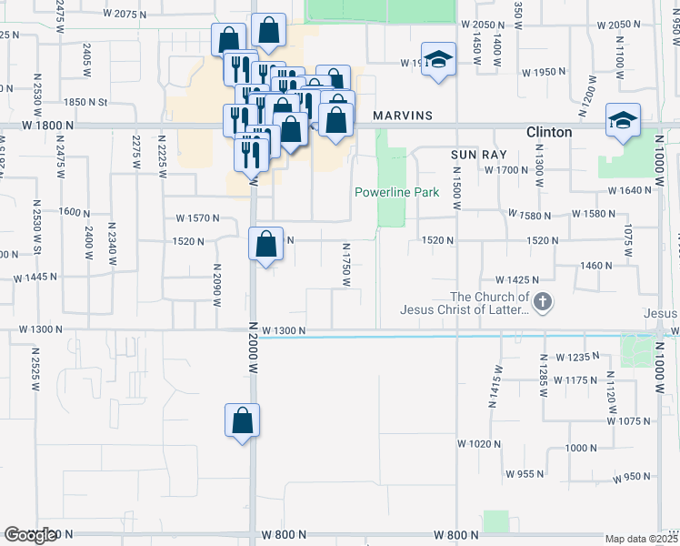 map of restaurants, bars, coffee shops, grocery stores, and more near 1439 N 1750 W in Clinton