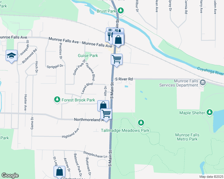 map of restaurants, bars, coffee shops, grocery stores, and more near 462 South Main Street in Tallmadge