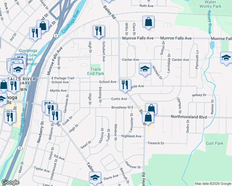 map of restaurants, bars, coffee shops, grocery stores, and more near 926 Myrtle Ave in Cuyahoga Falls