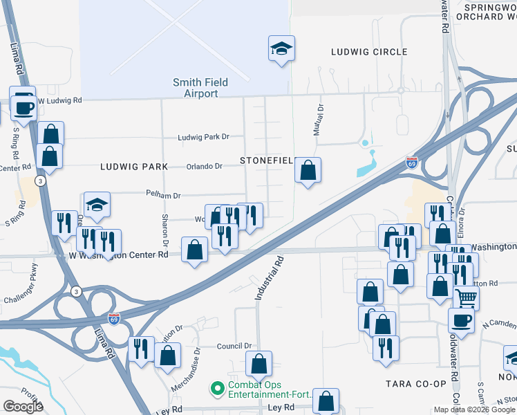map of restaurants, bars, coffee shops, grocery stores, and more near 602 Wolverton Drive in Fort Wayne