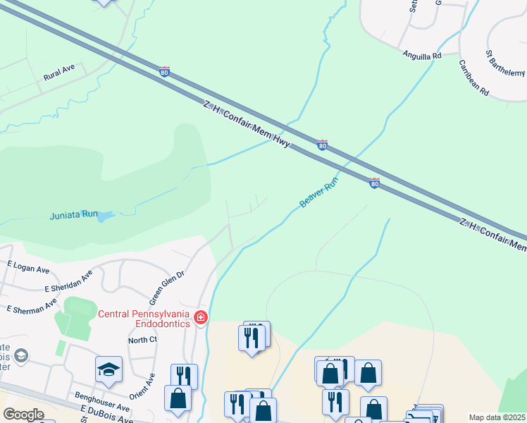 map of restaurants, bars, coffee shops, grocery stores, and more near 2060 Green Glen Drive in DuBois