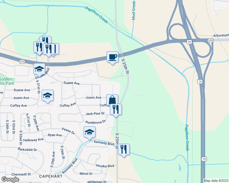 map of restaurants, bars, coffee shops, grocery stores, and more near 11713 South 25th Avenue Circle in Bellevue