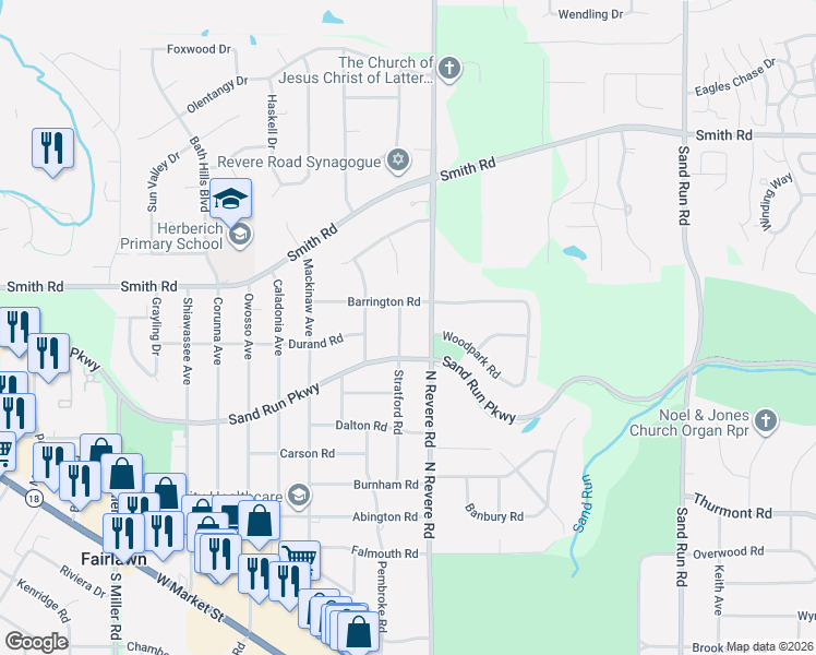 map of restaurants, bars, coffee shops, grocery stores, and more near 437 Stratford Road in Fairlawn