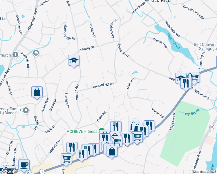 map of restaurants, bars, coffee shops, grocery stores, and more near 23 Orchard Hill Road in Norwalk