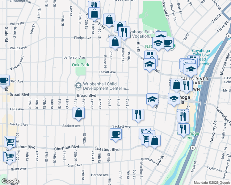 map of restaurants, bars, coffee shops, grocery stores, and more near 815 Broad Boulevard in Cuyahoga Falls