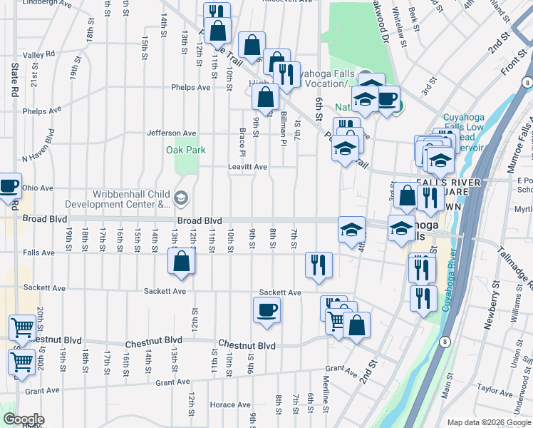 map of restaurants, bars, coffee shops, grocery stores, and more near 815 Broad Blvd in Cuyahoga Falls