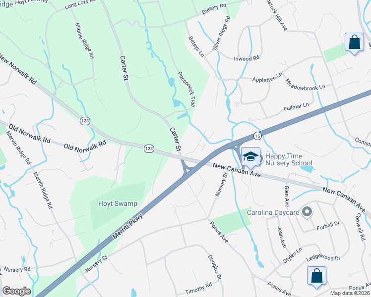map of restaurants, bars, coffee shops, grocery stores, and more near 290 Connecticut 123 in New Canaan