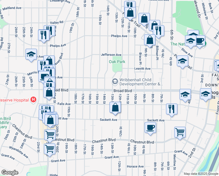 map of restaurants, bars, coffee shops, grocery stores, and more near 1319 Broad Boulevard in Cuyahoga Falls