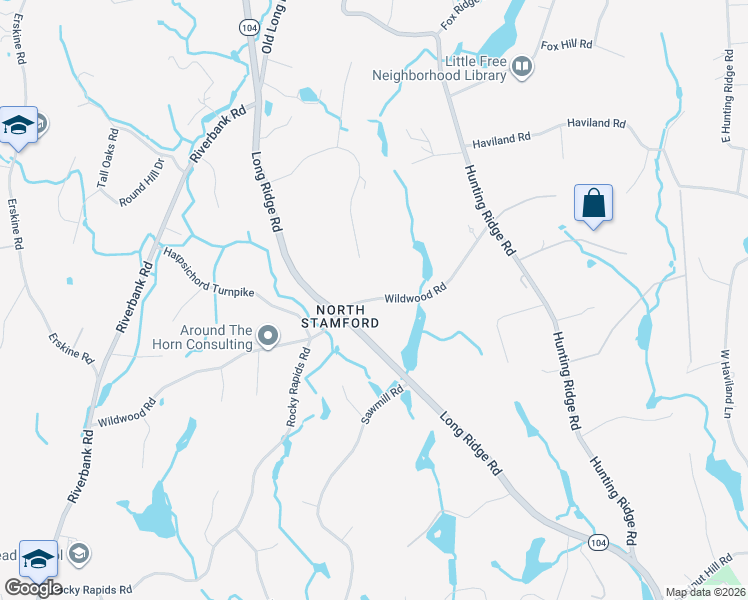 map of restaurants, bars, coffee shops, grocery stores, and more near 136 Wildwood Road in Stamford