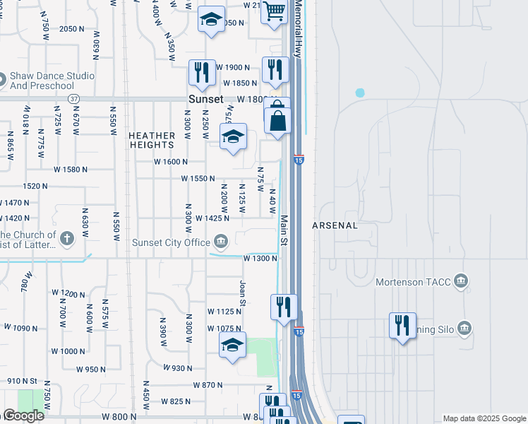 map of restaurants, bars, coffee shops, grocery stores, and more near 88 West 1425 North in Sunset