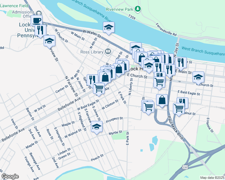 map of restaurants, bars, coffee shops, grocery stores, and more near 33 West Park Street in Lock Haven