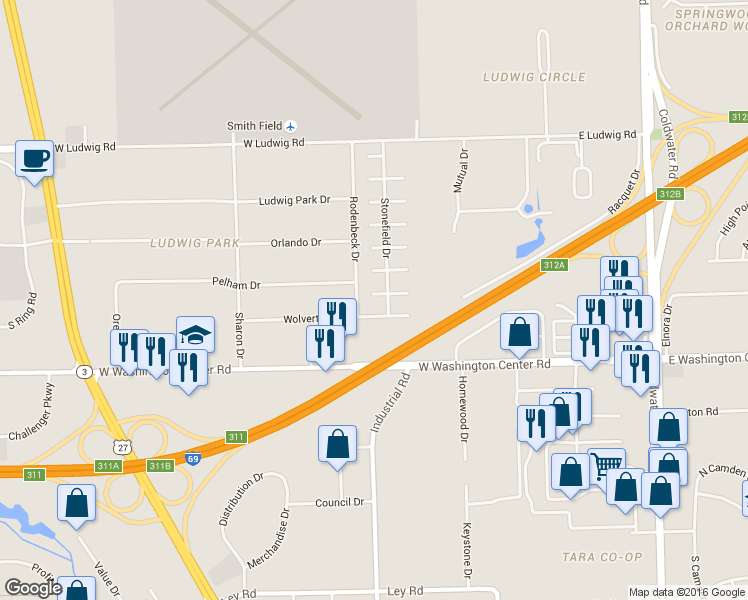 map of restaurants, bars, coffee shops, grocery stores, and more near 602 Wolverton Drive in Fort Wayne
