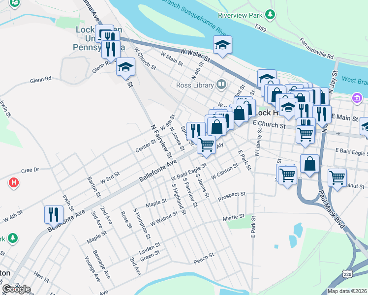 map of restaurants, bars, coffee shops, grocery stores, and more near 15 North Jones Street in Lock Haven