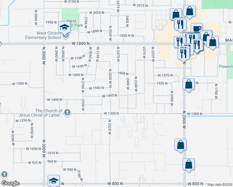 map of restaurants, bars, coffee shops, grocery stores, and more near 1449 North 2475 West in Clinton