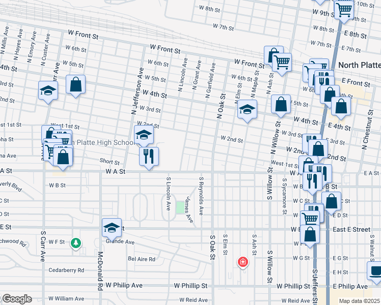 map of restaurants, bars, coffee shops, grocery stores, and more near 901 West 1st Street in North Platte